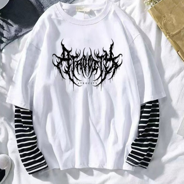 2024 primavera transfronteriza nueva letra impresa Jersey superior suelta falsa de dos piezas de manga larga Camiseta de las mujeres de tela de algodón