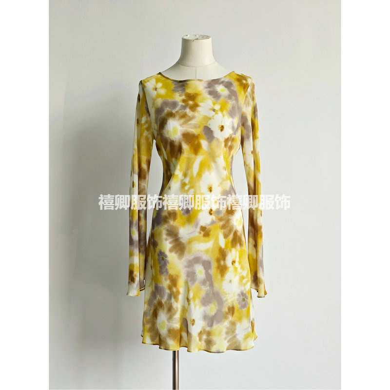 Women's Summer High-End Vacation Dress with Beautiful Waist and Slimming Dress Yellow Printed Bias-Cut Skirt for Women