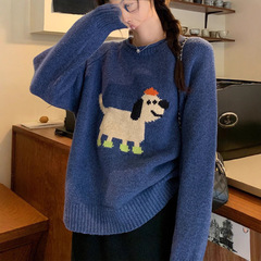 小狗日记高品质提花混纺毛衣女秋季可爱休闲圆领针织衫