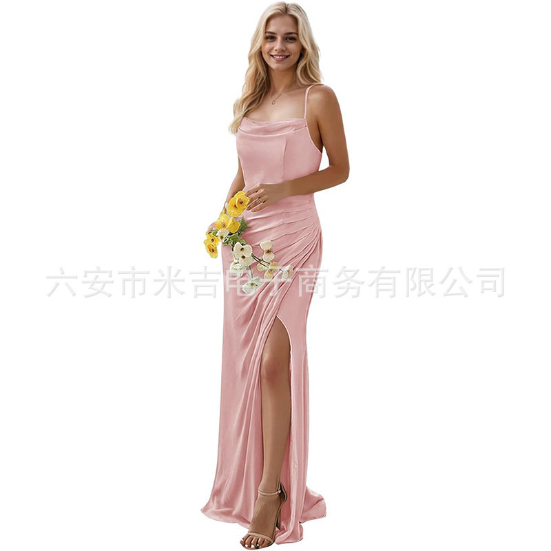 Chiffon Bridesmaid Dress Long Women's Thin Shoulder Pleated Formal Wedding Guest Ball Party Dress with Split Chiffon Bridesmaid Dress Long Women's Thin Shoulder Pleated Formal Wedding Guest Ball Party Dress with Split