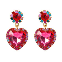 欧美夸张粉色爱心耳坠女高级感时尚镶宝石耳饰名媛风耳环热销批发