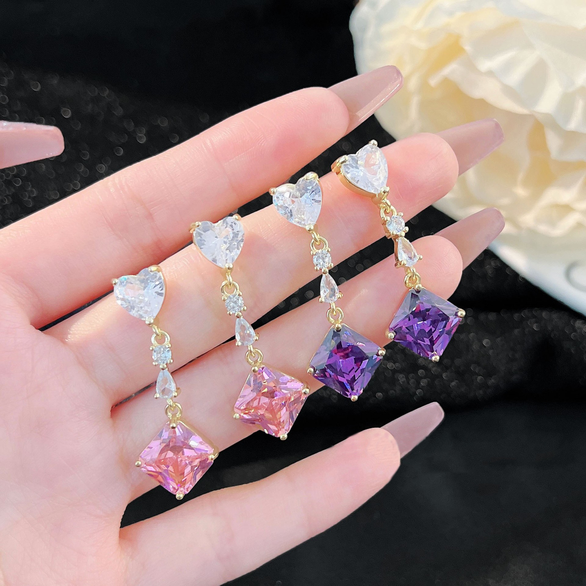 Fashionable sophisticated long geometric square pink-purple earrings…