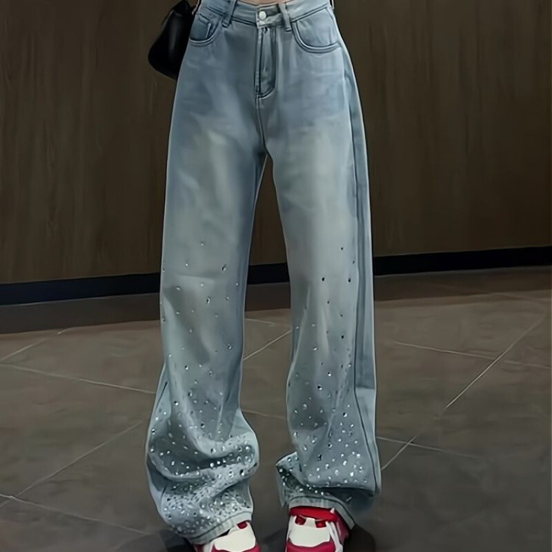 European station spring and summer new crystal hot diamond sparkling straight jeans mop pants long legs western style women