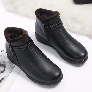 Women's cotton-padded shoes for moms winter fleece-lined warm leather shoes for middle-aged and elderly thickened flat ankle boots flat non-slip old shoes