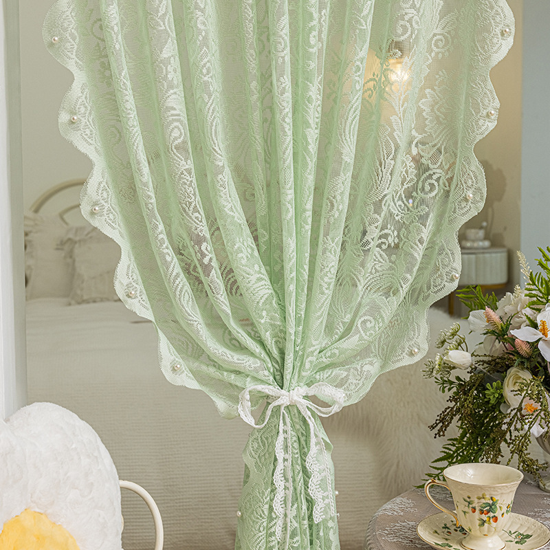 Green Lace Window Screen Punch-Free French Gauze Curtain Velcro Decoration Bay Window Bedroom Balcony Curtain Blackout Installation