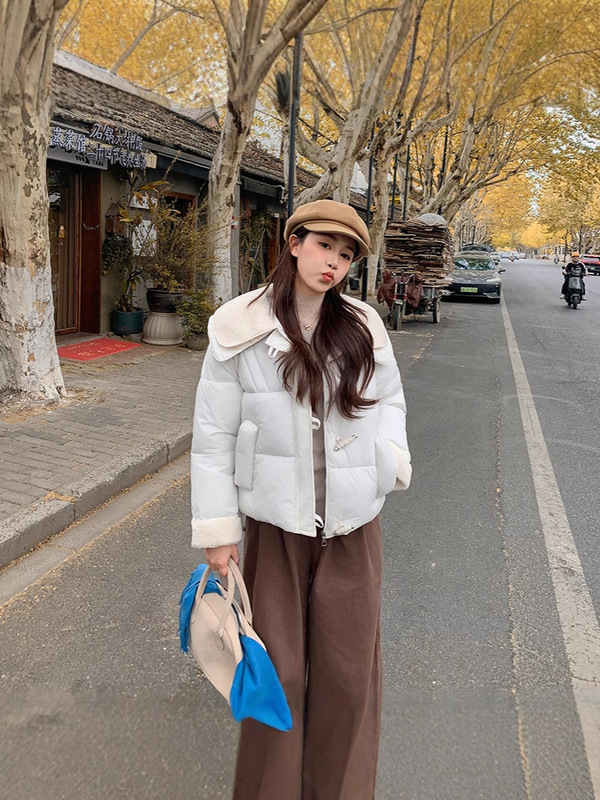 学生款甜美羊羔毛大翻领牛角扣多巴胺马卡龙色棉服外套可爱面包服|undefined
