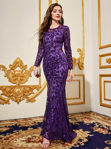 Spring and autumn sequined dress, purple round neck, temperament long evening dress, long-sleeved dress
