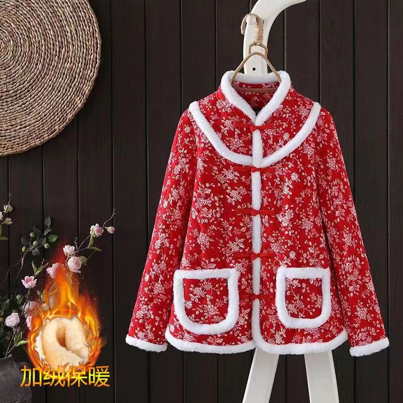 网红东北大花棉袄复古盘扣民族风偏襟加厚修身妈妈小碎花棉衣加肥