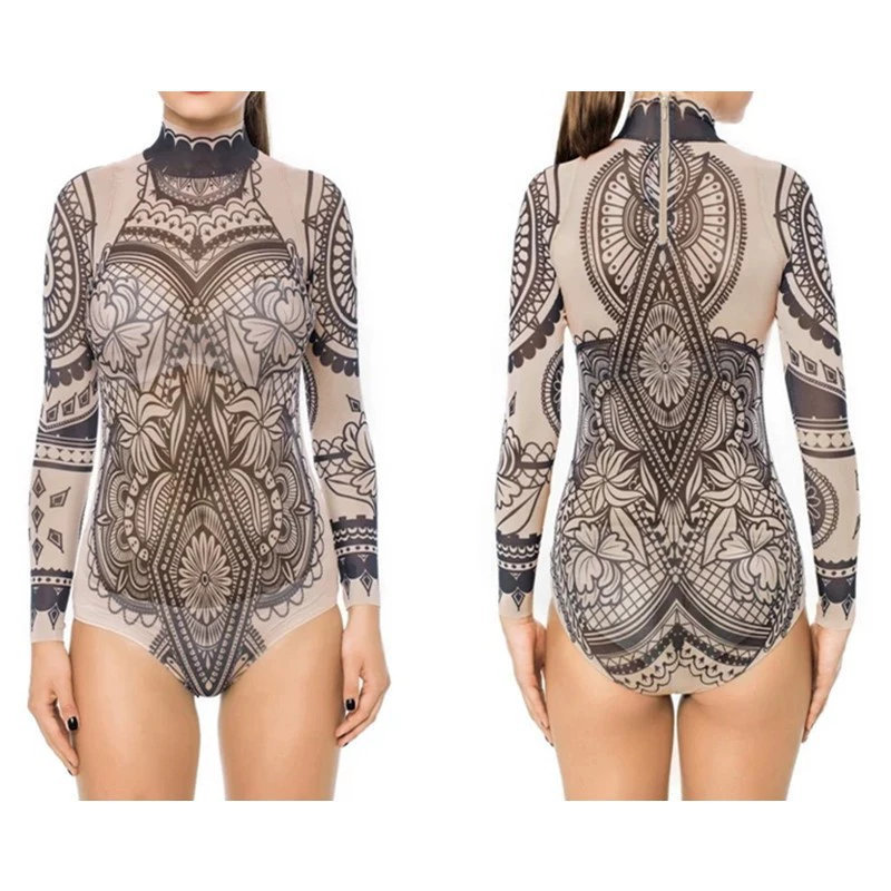 Европейский и американский трансграничный летний женский цельный купальник 3D цифровой принт ретро индивидуальность пляжный отдых с длинными рукавами колготки