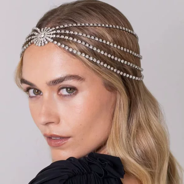 Amazon Retro Shiny Full-Diamond Tassel Multi-Layer Sunflower Head Chain Luxury Bridal Hair Chain Headpiece for Women