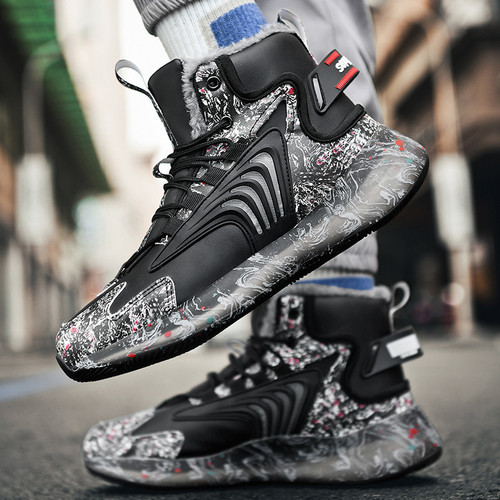 Shoes men's foreign trade large size winter high-top basketball shoes couples running popcorn plus velvet trendy shoes men's sports shoes
