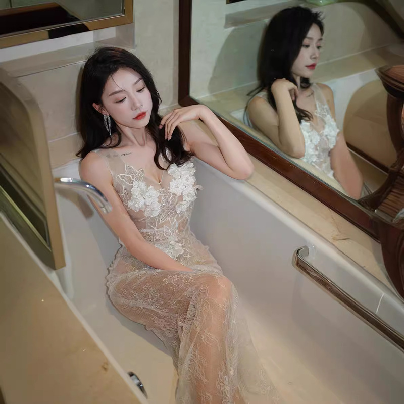 New Night Transparent Evening Dress Sexy Slim Collar Long Dress Night Princess KTV Work Clothes See-Through Dress