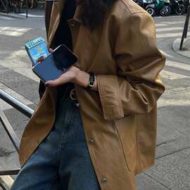 2026早秋新款法式复古美拉德风廓形PU皮衣女宽松皮衣夹克外套
