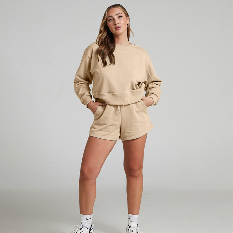 Solid Color Long Sleeve Sweaters Women Clothing Short Two-Piece Casual Shorts Suit