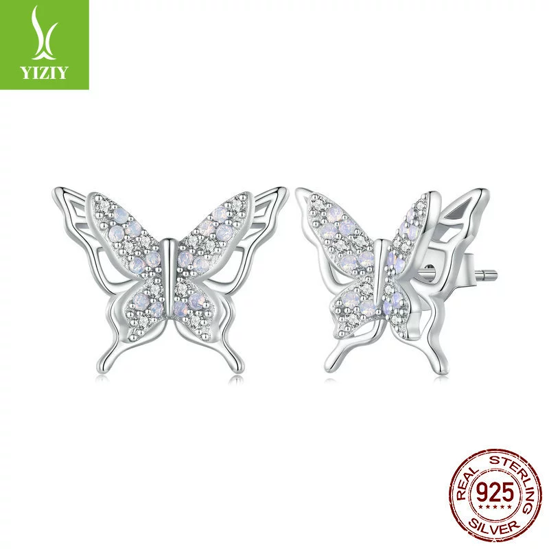 Серьги-гвоздики бабочки (YIZIY) BSE910, 925 серебро с инкрустацией наноопала и циркония