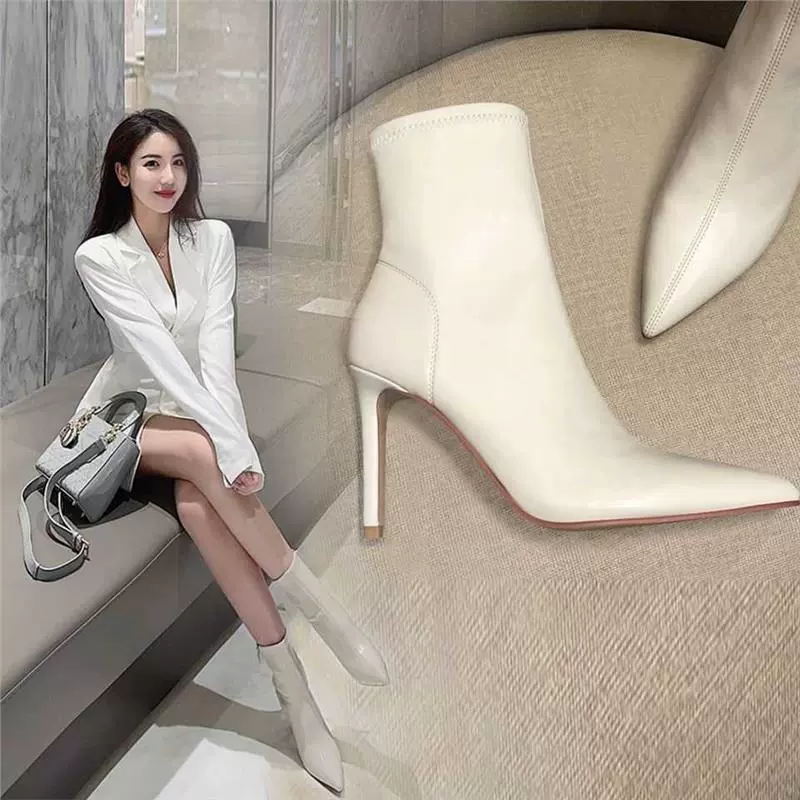 Белые короткие сапоги, женские ботинки Martin на высоком каблуке, женские осенне-зимние французские Тонкие сапоги на среднем каблуке, эластичные сапоги с острым носком, женские