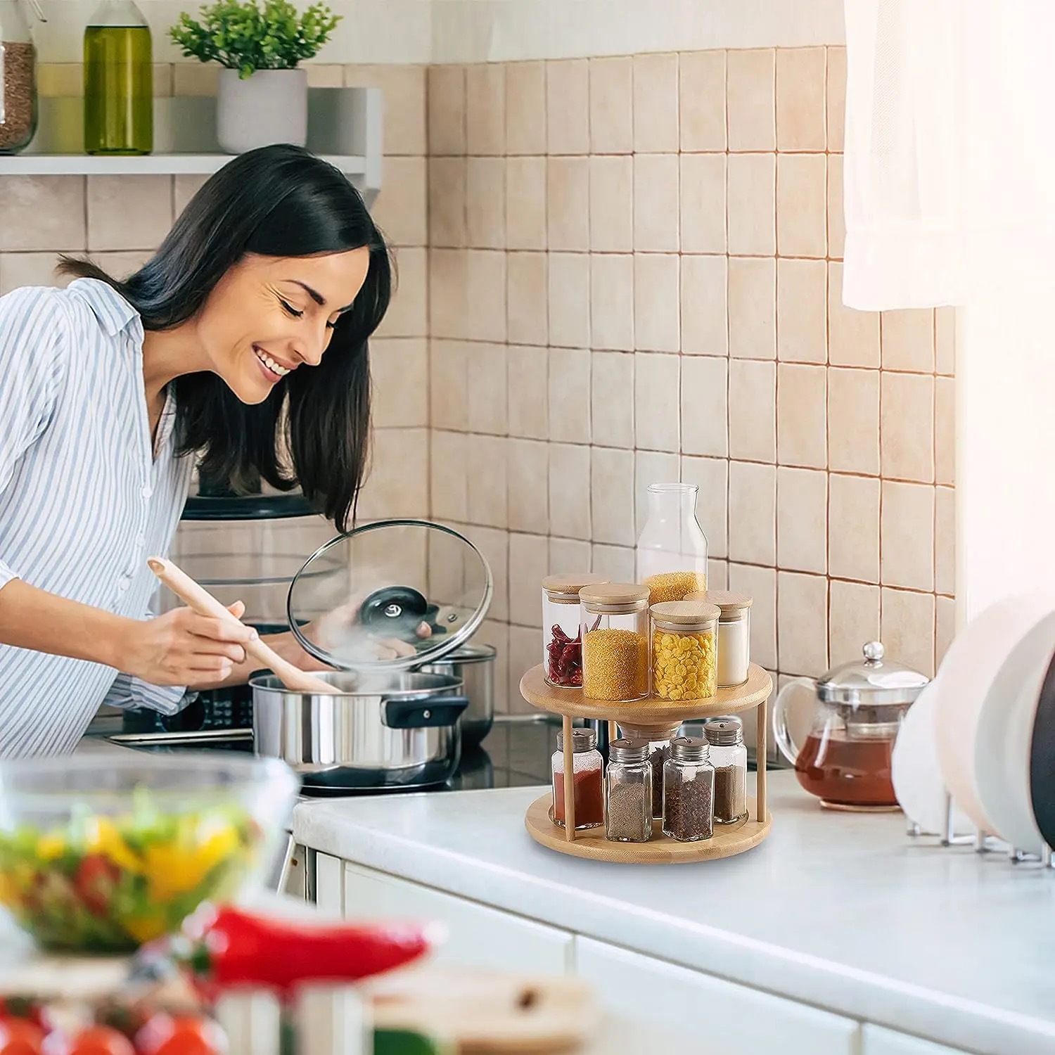 Estante de condimento giratorio de 360 grados para el hogar Estante de condimento multifuncional de doble capa de bambú y madera Estante de almacenamiento de suministros de escritorio de oficina