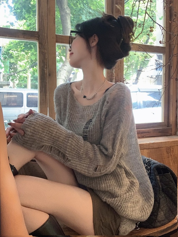 春秋新款镂空针织女装上衣薄款外搭慵懒风法式宽松空调衫潮防晒衫|undefined