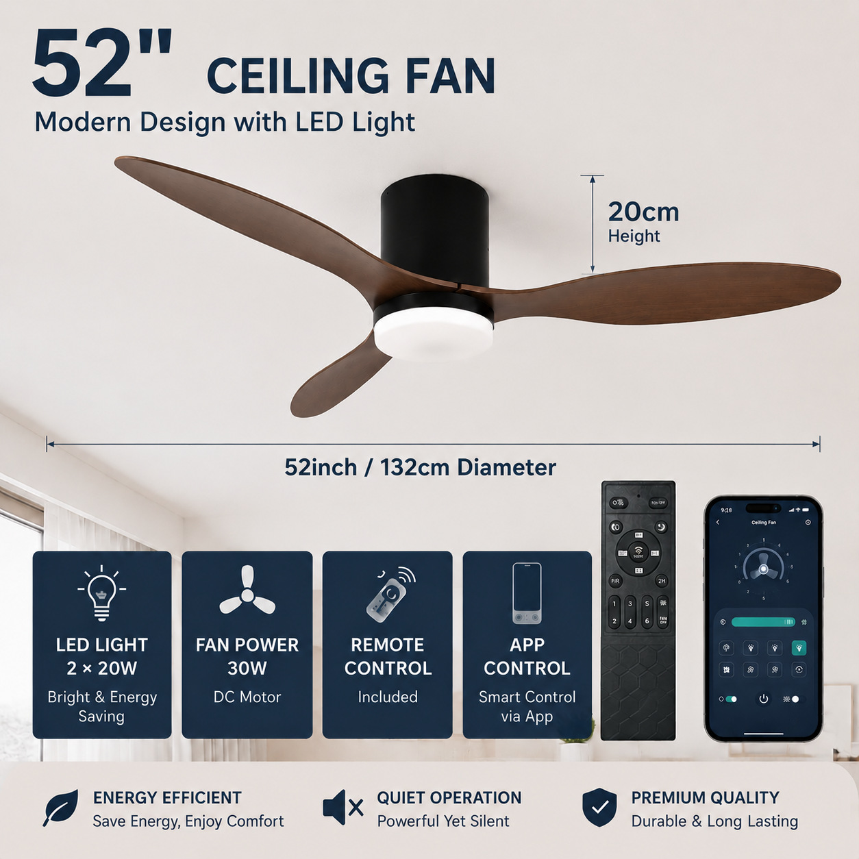Lámpara Ventilador de Techo Inverter de Plástico ABS Silencioso con Control Remoto para Sala de Estar y Dormitorio
