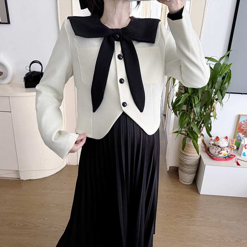 임산부복 2024년 봄 가을 드레스 임산부복 프랑스 기질 네이비 칼라 투피스 슈트 아우터웨어 서양식 스커트