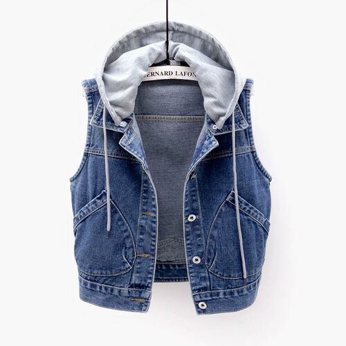 Embroidered denim vest for women 2025 spring and autumn Korean version versatile slimming outerwear with hood for women students upper garment