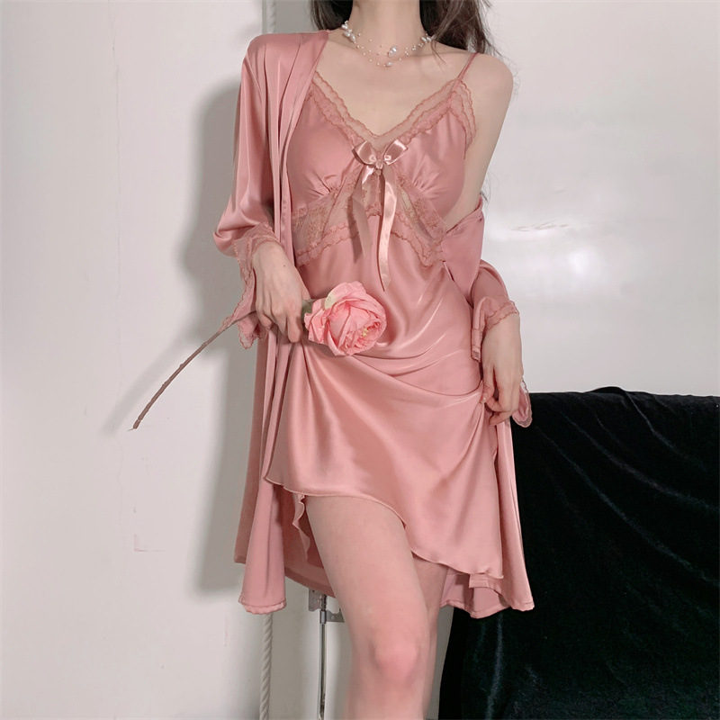 2023 Sexy Ice Silk Teenage Girl Summer Sleepwear with Bra Pads, Strappy Lace Sleep Dress Gown Pure Desire Backless Allure