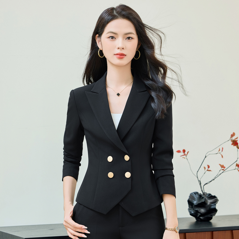时尚双排扣西服职业套装两件套裤秋冬季短小西装外套女主持人正装|undefined