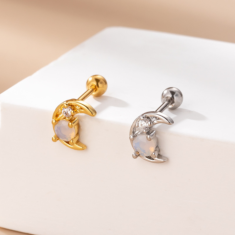 Colorful Zircon Moon Double-Headed Screw Ear Bone Stud Thin Rod Stainless Steel Piercing Earrings Fa