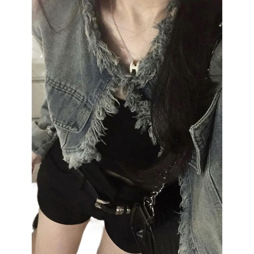 American-style fashion brand short denim open jacket for women, chic fringe edge design, trendy blouse with design sense