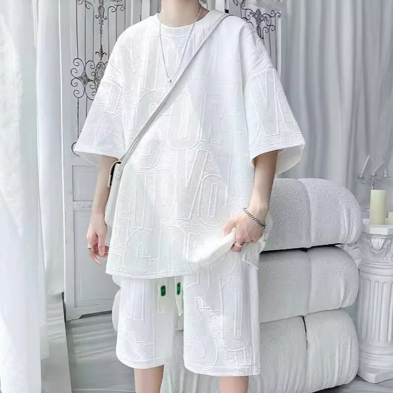 Camiseta de manga corta con gofres de letras para hombres, marca de moda de verano, traje de media manga de gran tamaño suelto