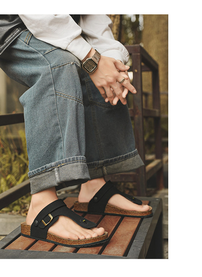 Dép sandal nam quai ngang kẹp chân đế gỗ phong cách Birken, thoáng khí đi biển — Màu đen, Nâu vàng, Trắng be chi tiết 8
