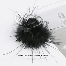明星同款黑色织梦羽毛发夹韩版高级感鲨鱼夹气质时尚百搭抓夹发饰