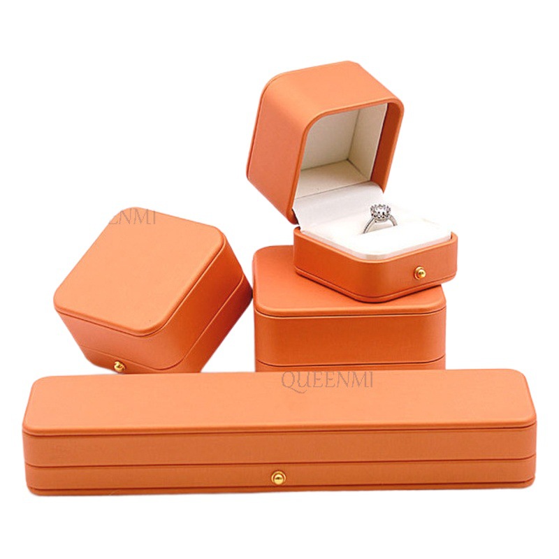 En stock esquina redonda Flip naranja anillo colgante Stud pendientes pulsera larga cadena joyería caja broche pendientes caja de joyería