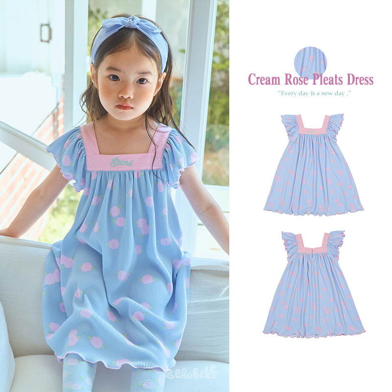 In-Stock Be26 Summer Girls' Princess Dress with Ruffled Sleeves and All-Over Rose Print Casual Dress for Young Children
