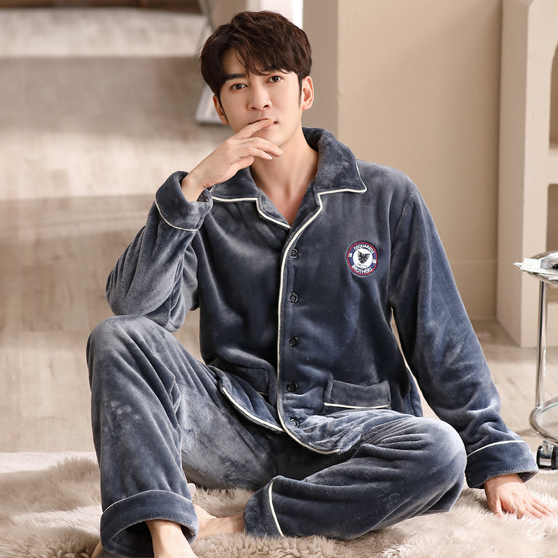 Pijamas de hombre para hombre Otoño e Invierno coral fleece cardigan cálido invierno forrado de lana engrosada franela traje de hombre