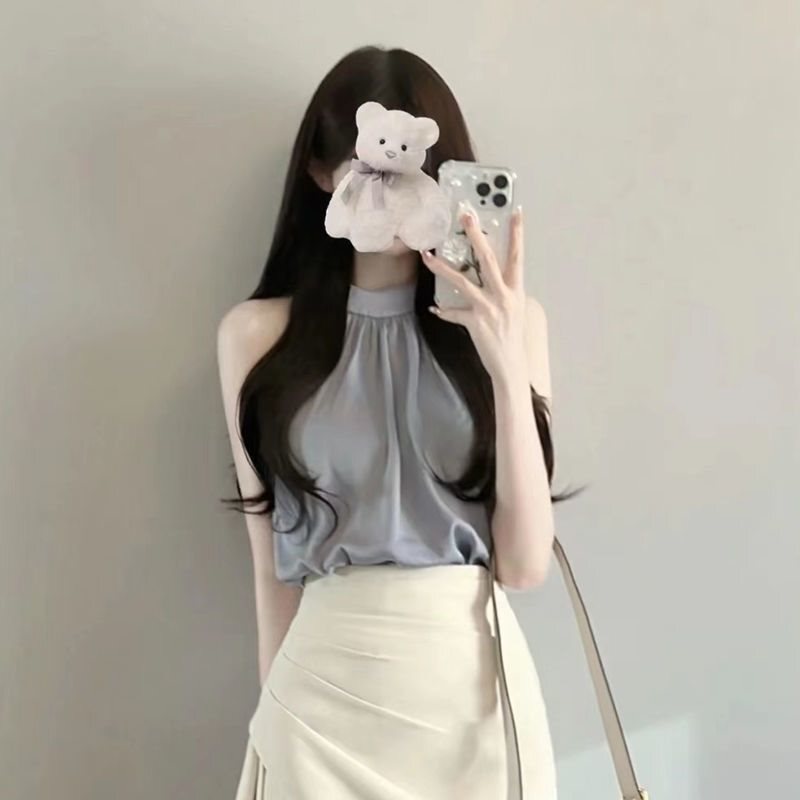 小个子显高时尚套装女夏装纯欲挂脖背心上衣高腰不规则半裙两件套|undefined