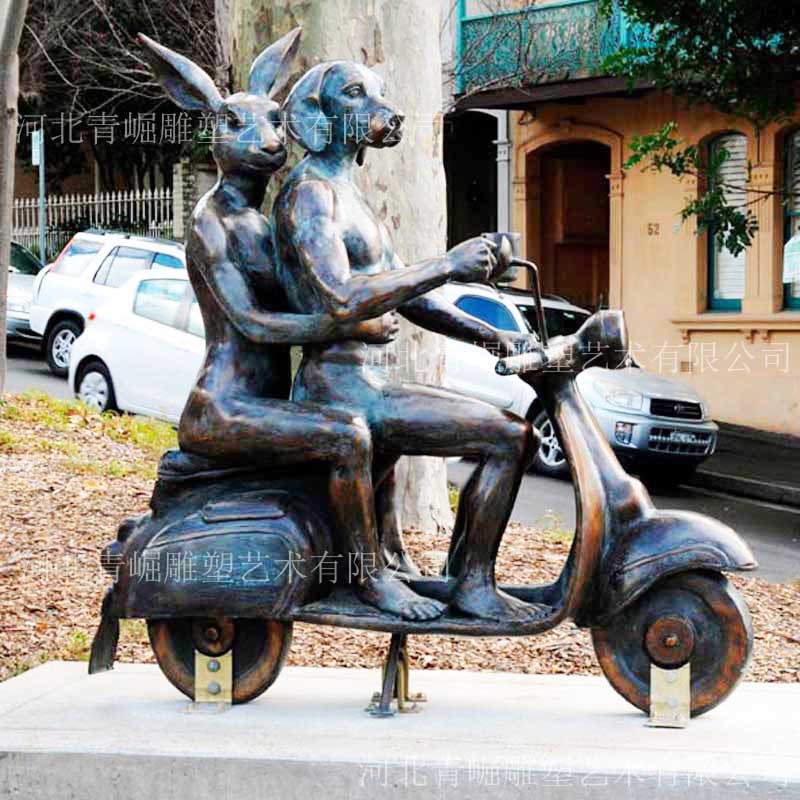 Bronze Sculpture Mr. Dog and Miss Rabbit Animal Figures Dog Rabbit Head and Human Body Creative Landscape Bronze Sculpture Crafts