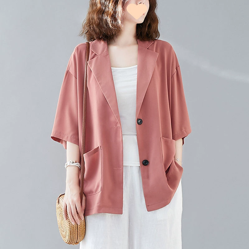 Однобортный свободный пиджак с двумя пуговицами, однотонный, женский кардиган больших размеров с короткими рукавами, лацканами и двойными карманами