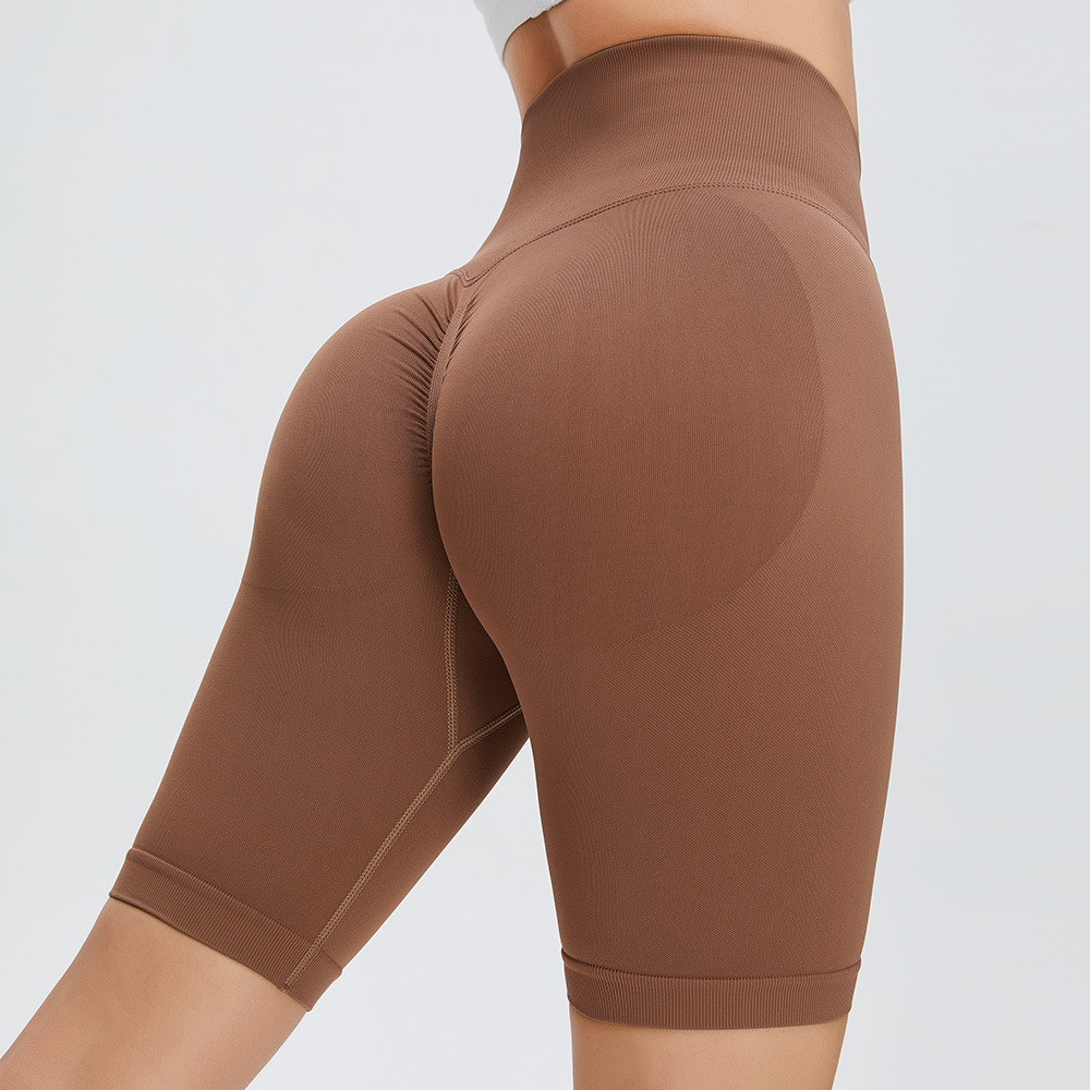 Cruz-Frontera de lycra melocotón cadera fitness yoga pantalones de las mujeres de cintura alta elevación de la cadera de cinco puntos apretados Pantalones deportivos inconsútil