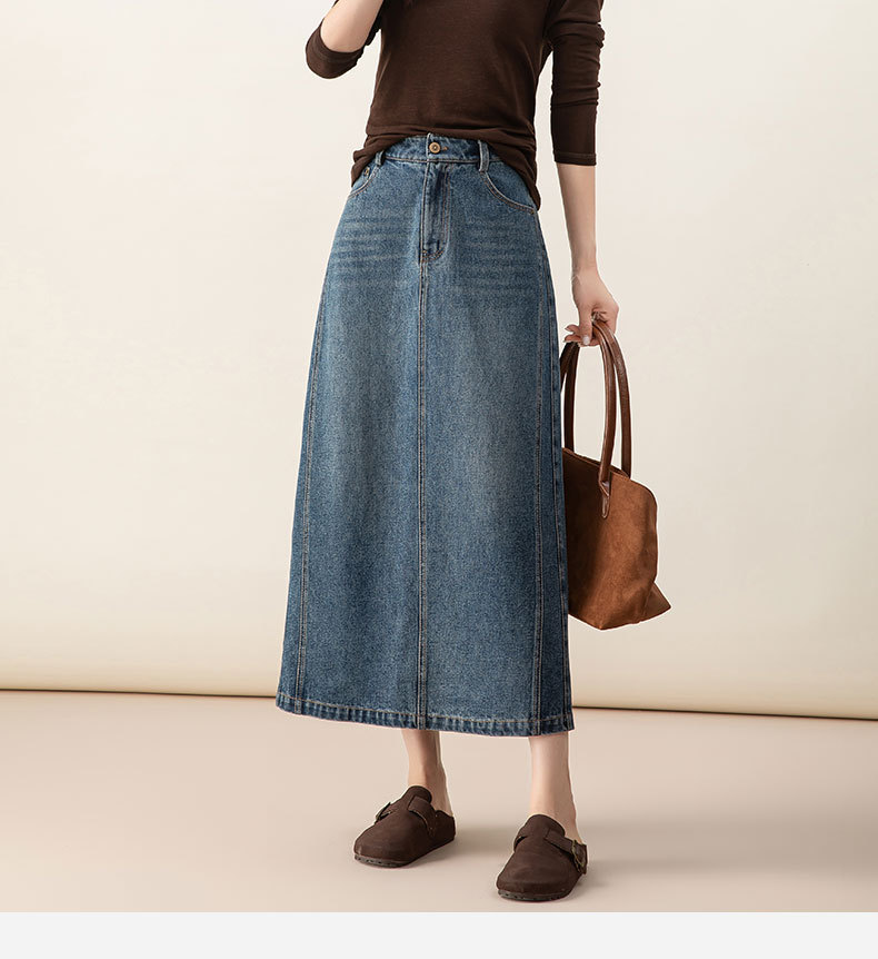 Chân váy denim Lyocell nữ cạp cao dáng A xẻ tà dài trung bình — màu xanh chi tiết 2