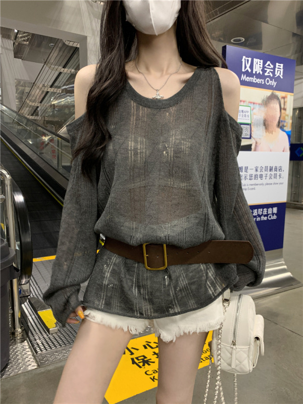 韩系慵懒风宽松百搭防晒衫女2025早秋新款镂空露肩针织长袖上衣|undefined
