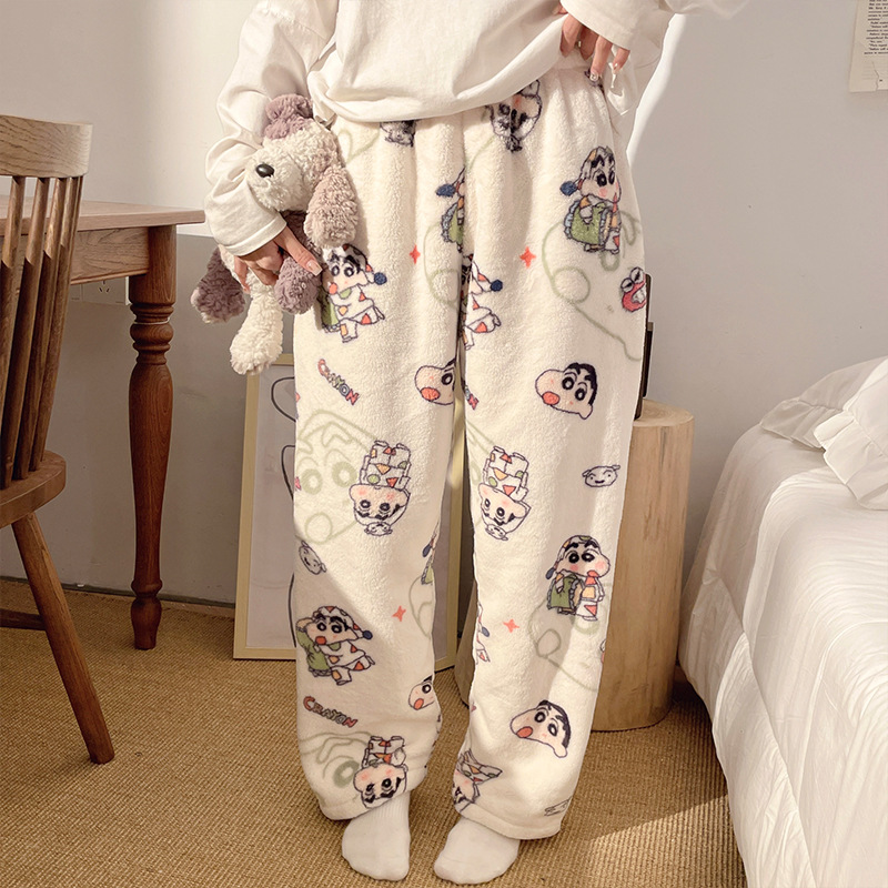 Pantalones de pijama de franela de dibujos animados de otoño y invierno para mujeres con pantalones de lana de coral caliente para estudiantes de lana de invierno para el hogar