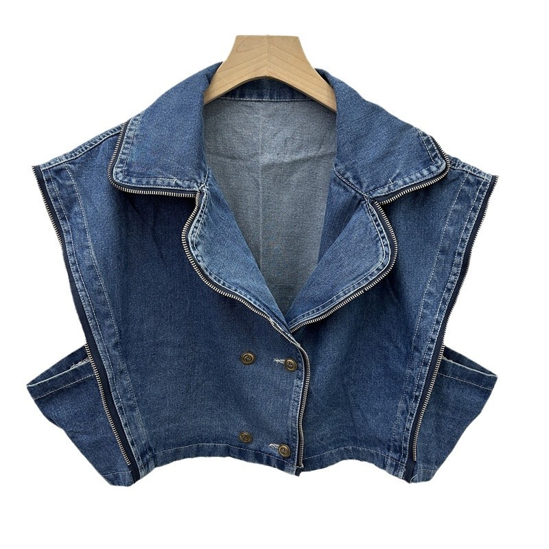 Estilo americano estilo callejero estilo de moda traje cuello corto chaleco de vaqueros hombre pequeño alto doble hebilla cremallera clips caballo