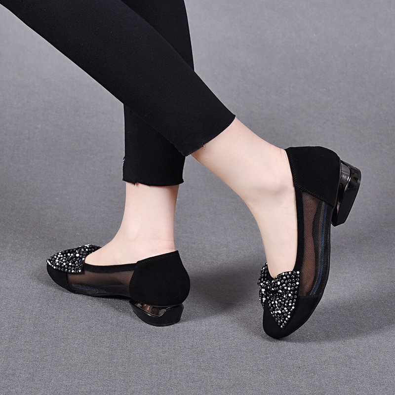Sandal nữ đế bệt da thật mũi tròn gót vuông quai chữ V nơ bướm thoáng khí — Màu đen