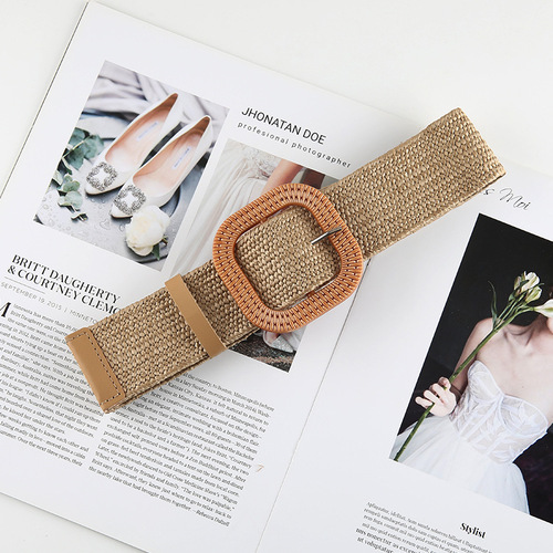 New Korean style cotton and linen PP straw woven belt for women with round square buckle dress gown decorative belt