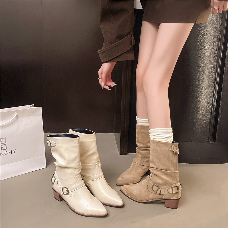 Pointed Toe Boots for Women 2025 New Autumn and Winter Large Size Pleated Pile Short Boots Belt Buckle Thick Heel Western Cowboy Boots