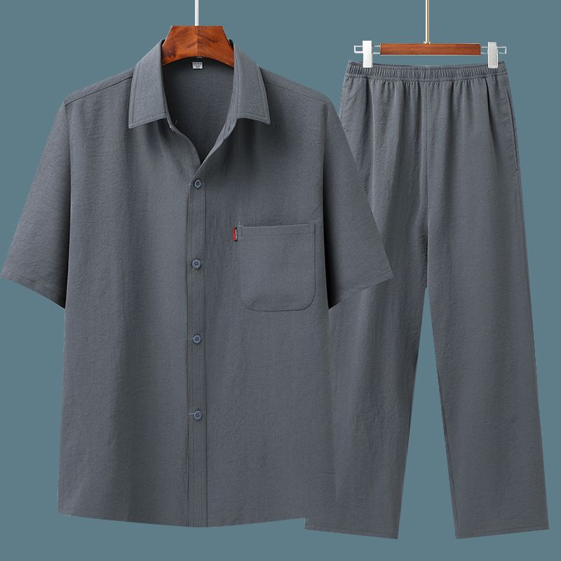 Summer short-sleeved shirt men's thin suit, father's summer clothes, middle-aged and elderly cotton and linen shirt, loose-fitting grandfather's top
