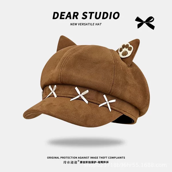 Women's Hat Autumn/Winter 2026 New Cute Cat Ear Octagonal Beret Brown Color That Makes the Face Look Smaller Foreign Trade Cross-Border Amazon