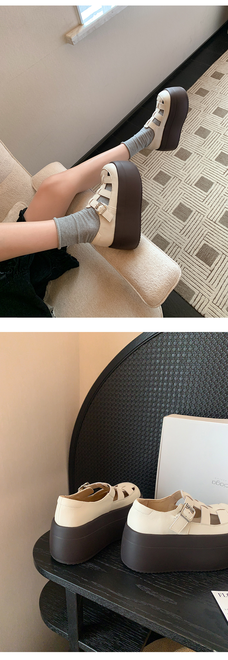Sandal nữ đế dày bít mũi thể thao đi biển, đan thoáng khí — màu đen, màu trắng ngà chi tiết 20