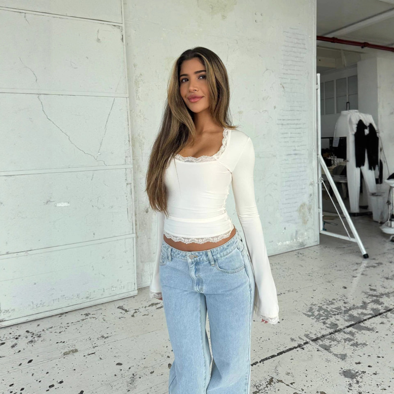 Cross-Border Long-Sleeved Tops Foreign Trade Hot-Selling Women's Lace Slim Fit Versatile Square Collar Outer Wear Bottoming Shirt Women's Autumn